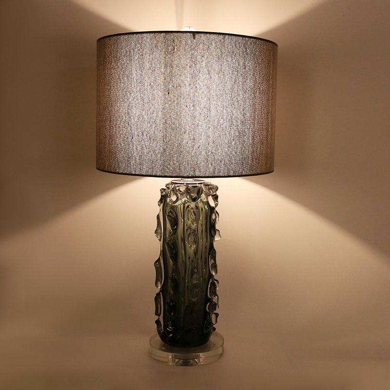 1 Head Night Stand Lamp Modern Pale Barrel Fabric Shade Table Light with Embossed Crystal Column in Dark Gray