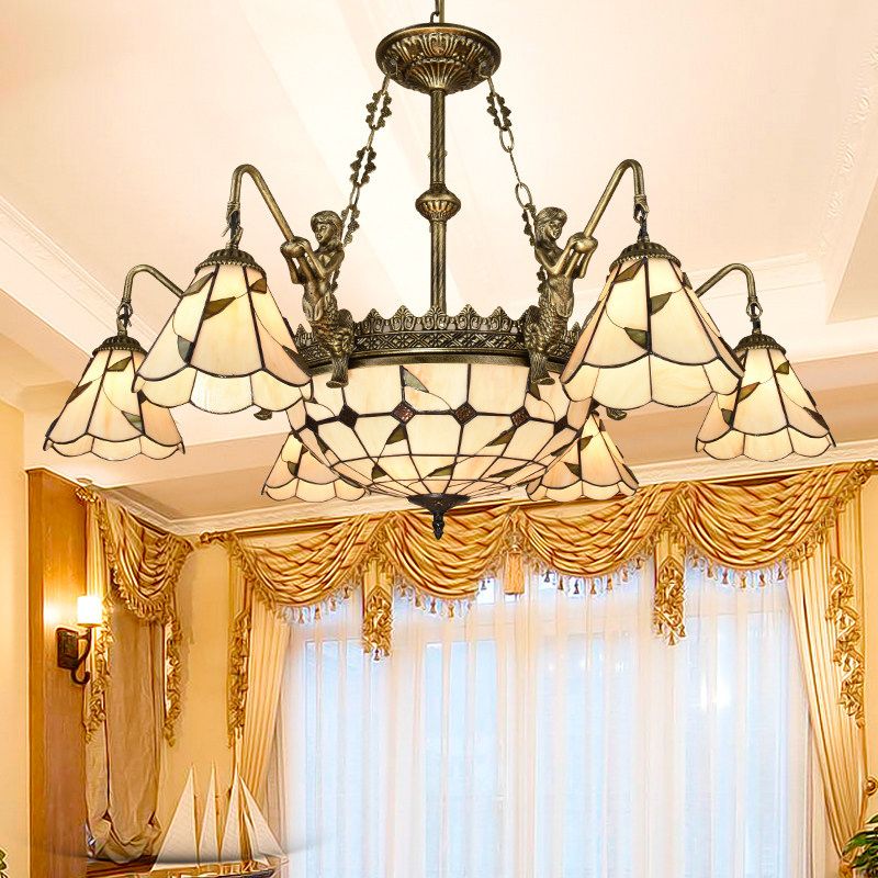 Bell Shade Chandelier Light Classic Hand Cut Glass Beige Pendant Light Fixture with Scalloped Edge