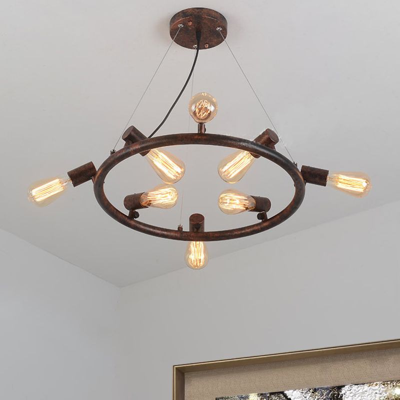 8/12 Lights Circular Hanging Light with Open Bulb Antique Stylish Dark Rust Wrought Iron Chandelier Light Fixture