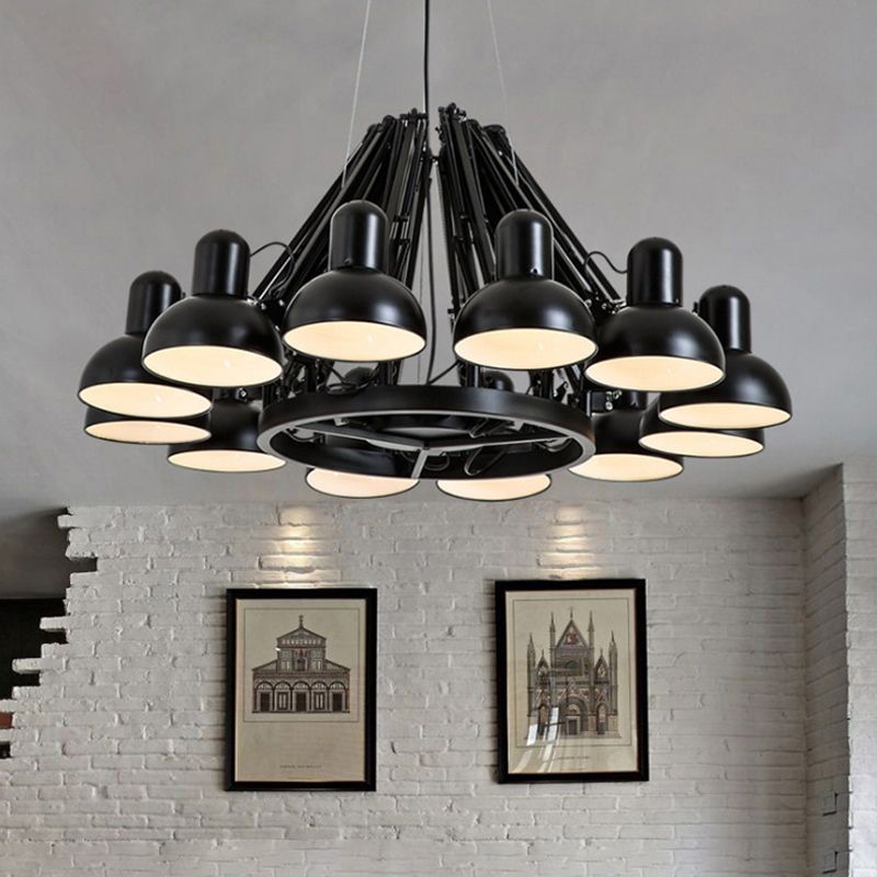 Black/Red 12 Bulbs Hanging Lighting Industrial Metal Swing Arm Chandelier Lamp with Dome Shade for Living Room