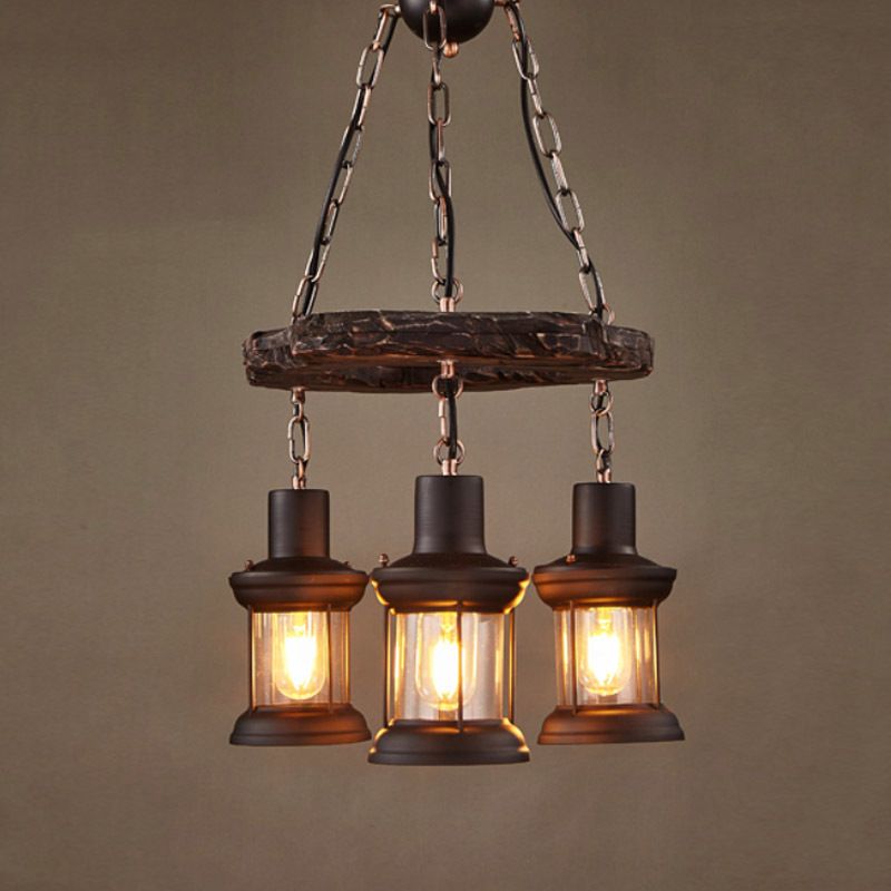 Antique Bronze Wood Hanging Pendant Lights Industrial 3-Lights Hanging Lights for Bar