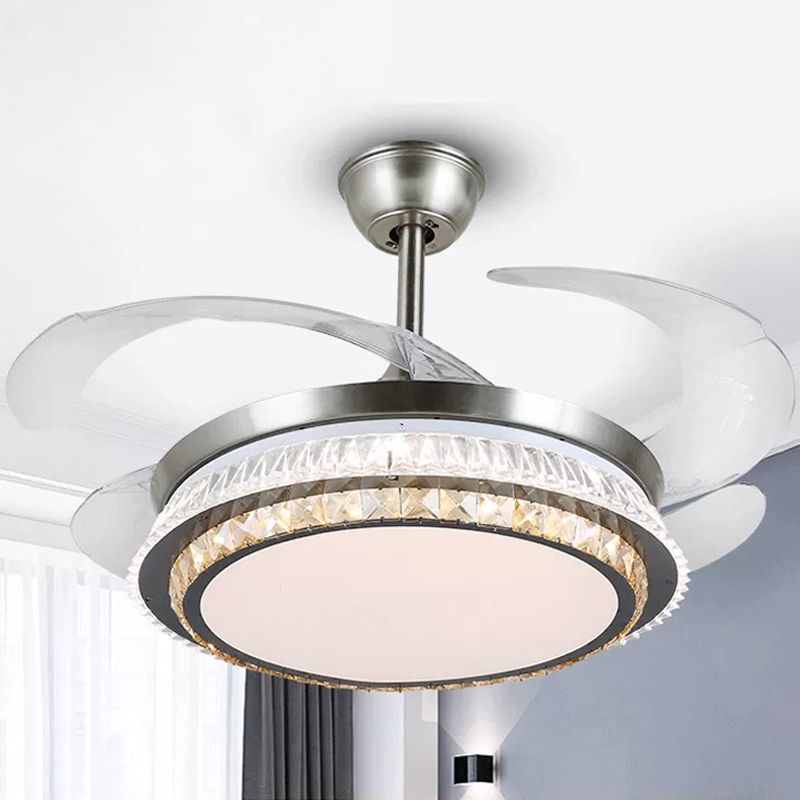 Silver Layered 4 Blades Semi-Flush Mount Modernism LED Crystal Pendant Fan Light Fixture, 19" Wide