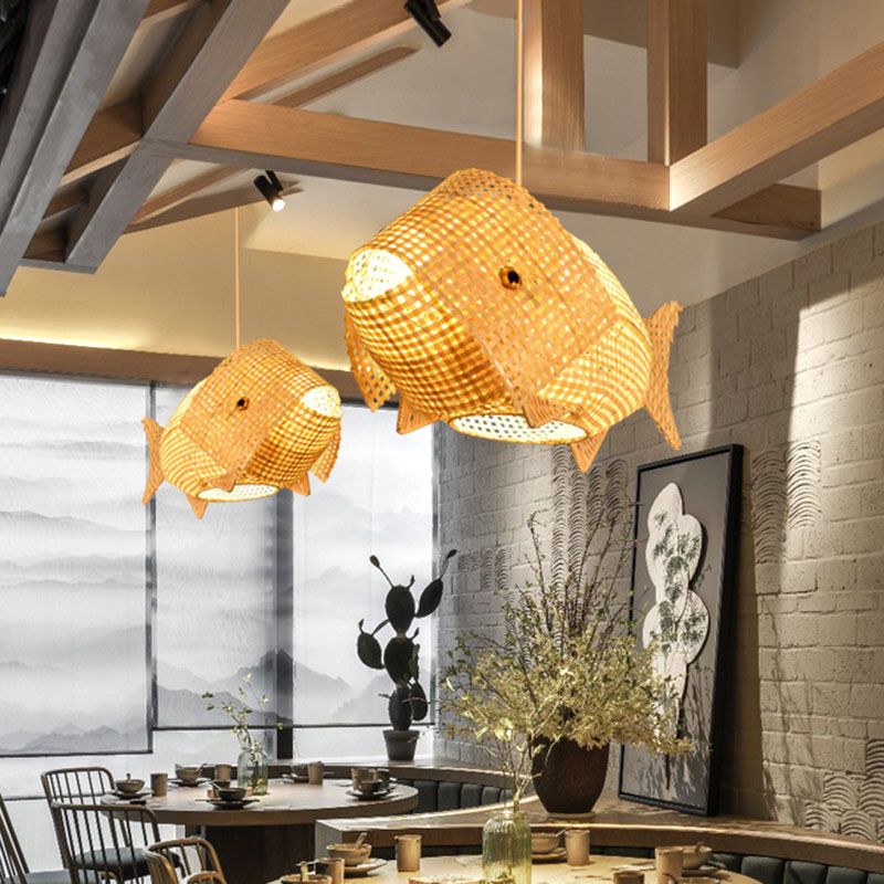 Fish Shaped Restaurant Hanging Light Bamboo 1 Head Asian Ceiling Pendant in Wood