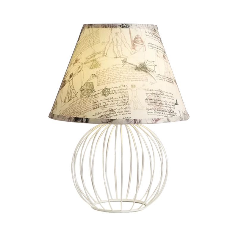 White 1-Light Desk Lamp Traditionalist Fabric Night Table Light with Spherical Wire Cage Base