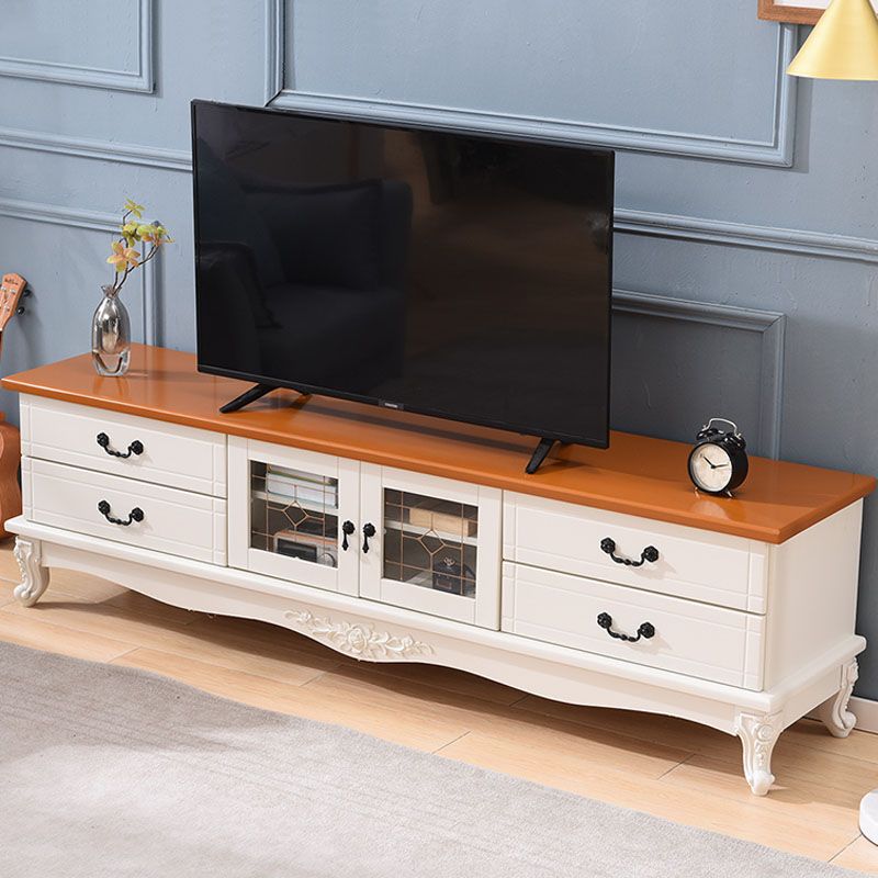 Traditional Solid Wood TV Cabinet Living Room Luxury TV Stand with Glass Doors