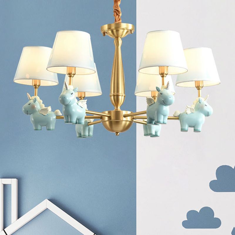 Kids Style Bucket Suspension Light Fabric Child Room Chandelier Light with Resin Unicorn