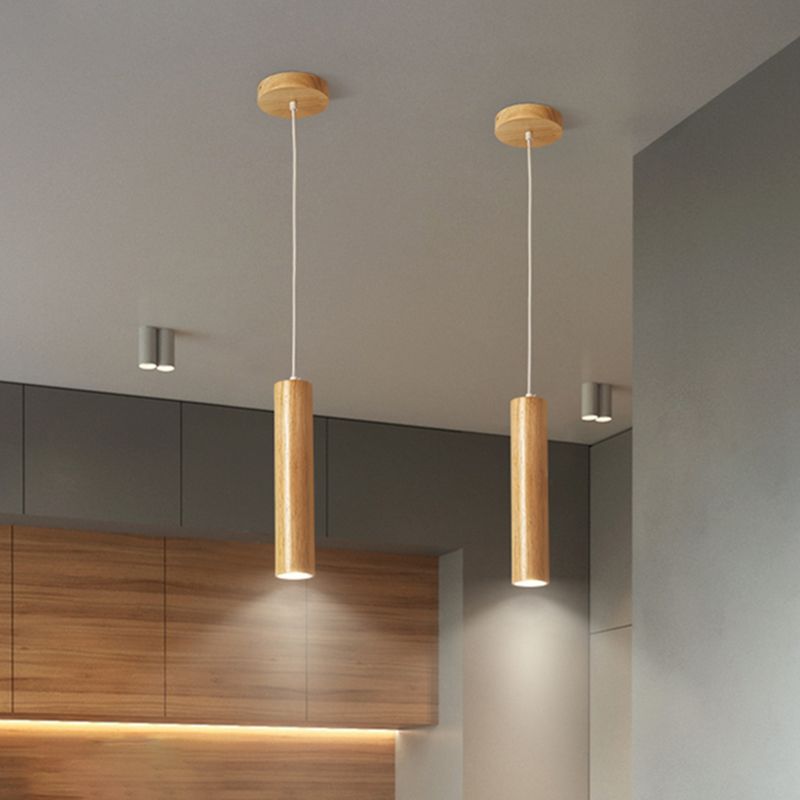 Wood Cylindrical Shape Pendant Lighting Modern Style 1 Light Hanging Lights for Bedroom