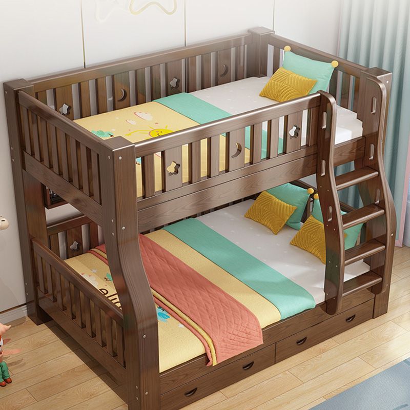 Traditional Brown Bunk Bed with Drawers and Shelves in Solid Wood