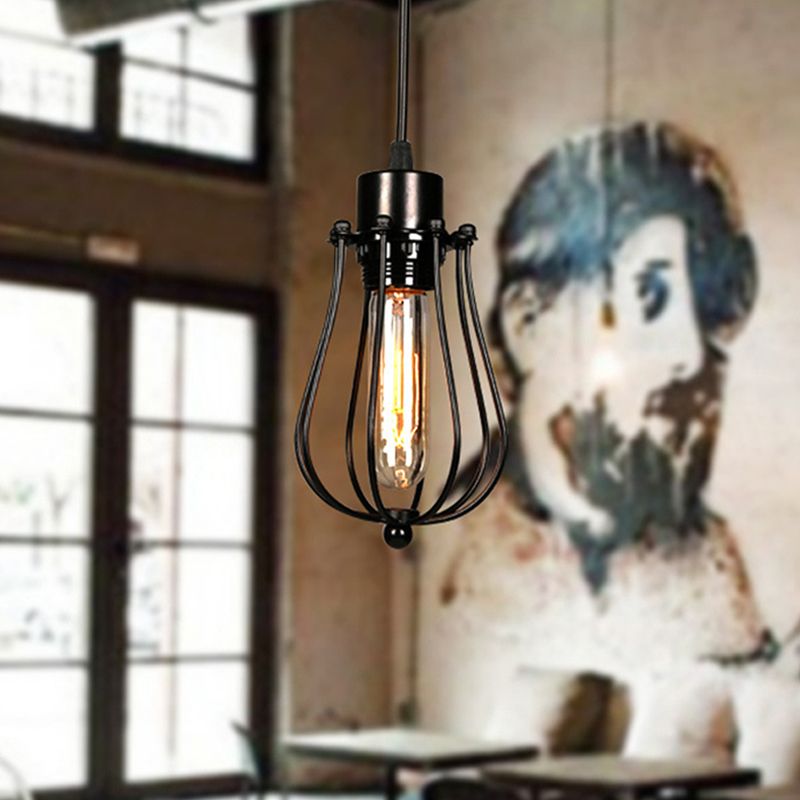 Metal Pendant Light Fixture Industrial Style Black Cage Restaurant Hanging Ceiling Light