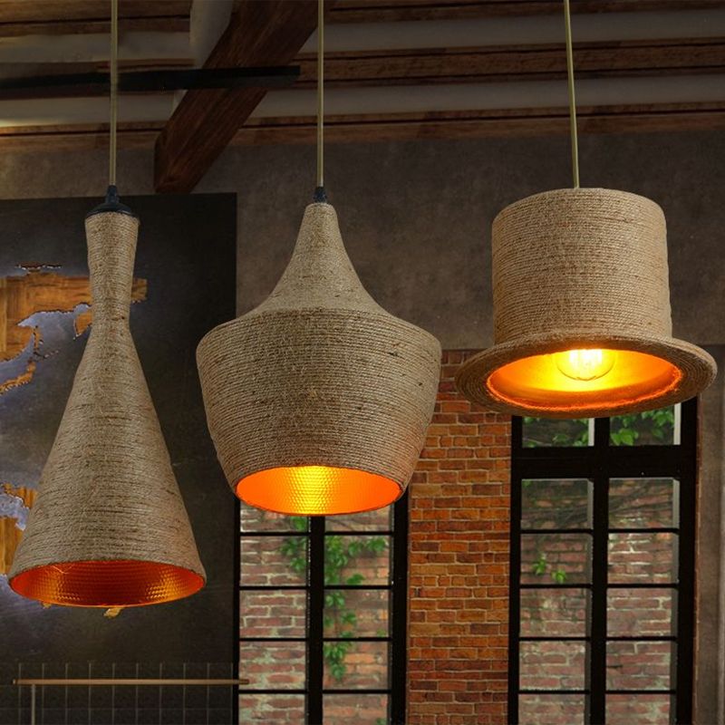 Single Ceiling Light Industrial Style Shaded Hemp Rope Hanging Pendant Light in Brown