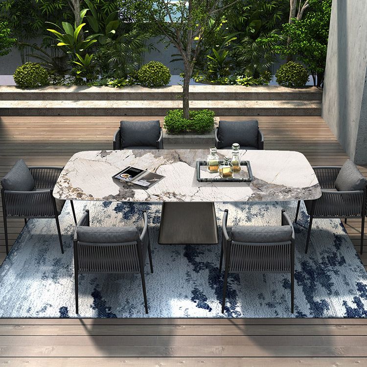 Modern Rectangle Outdoor Patio Table Stone Top and Steel Frame Dining Table