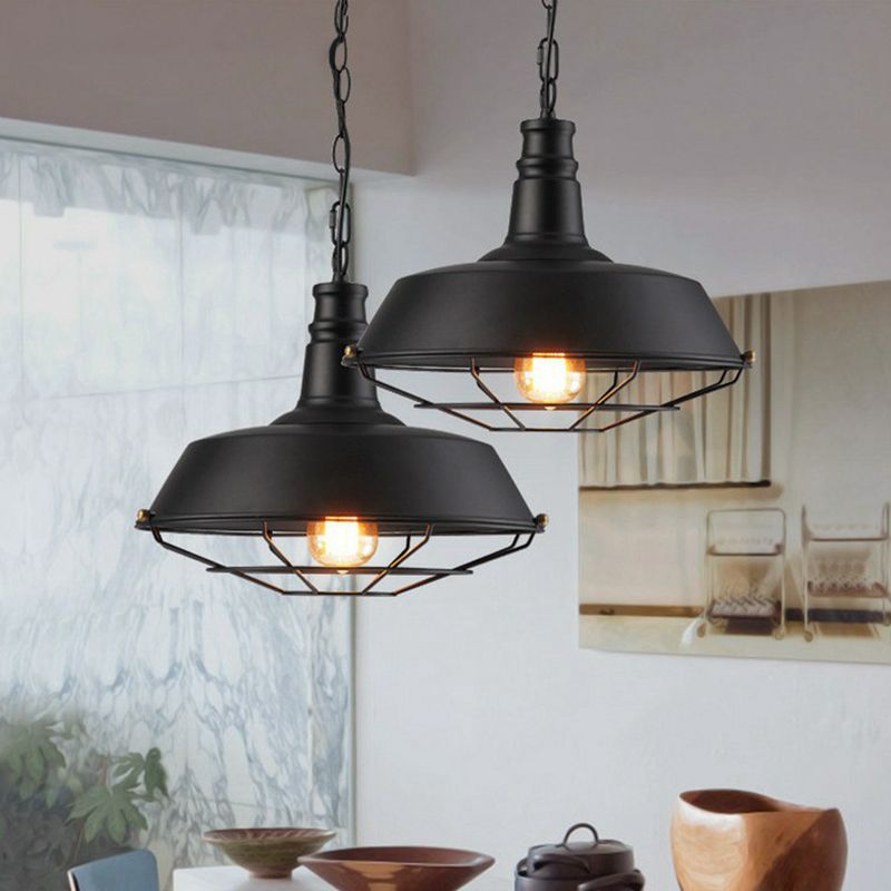 Barn Metal Suspension Lighting Industrial 1 Head Dining Room Hanging Lamp with Tapered Cage Guard