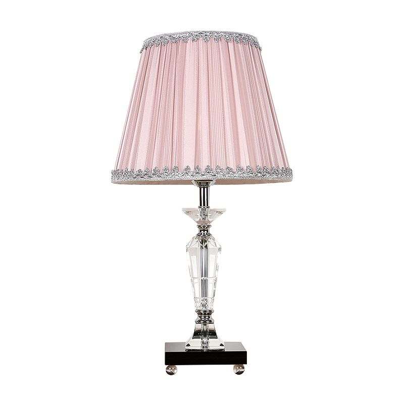 1-Head Bedroom Crystal Table Lighting Contemporary Pink/Blue Nightstand Light with Conical Fabric Shade