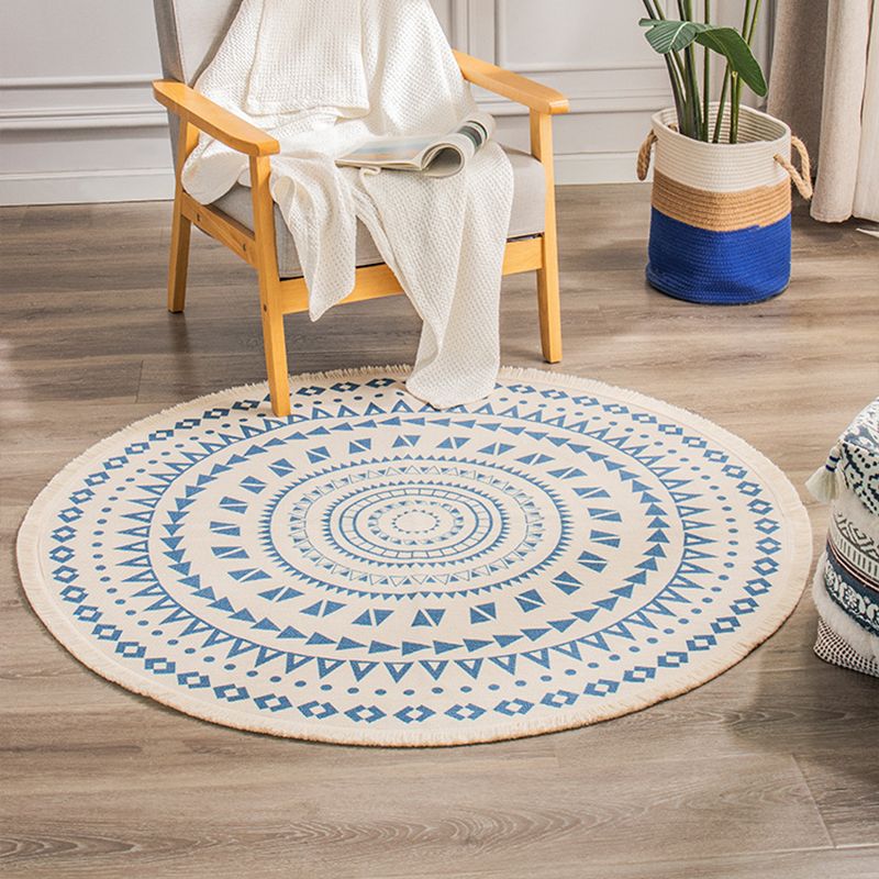 Simple Area Rug Tribal Print Round Carpet Washable Cotton Blend Rug with Fringe