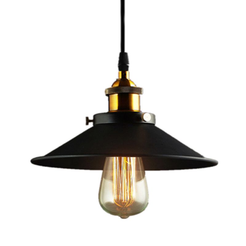 Industrial Wrought Iron Hanging Light Conical Metal Shade Single Bulb Pendant in Black for Barn Farmhouse Porch