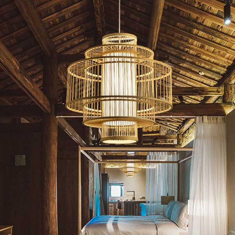 Bamboo Symmetrical Suspension Light Simplicity 1-Light Wood Pendant Light Fixture for Bedroom