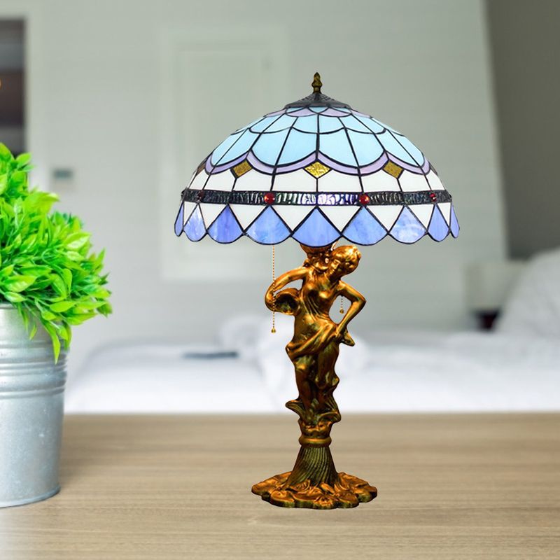 2 Heads Pull Chain Night Light Mediterranean Cone/Dome Beige/Blue-Brown Glass Table Lighting with Bronze Maid Base