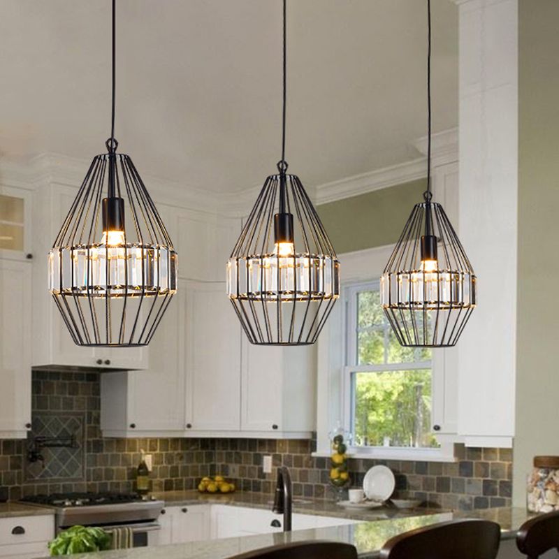 Crystal Block Pendant Ceiling Light Black Geometric Metal Cage Pendant Light