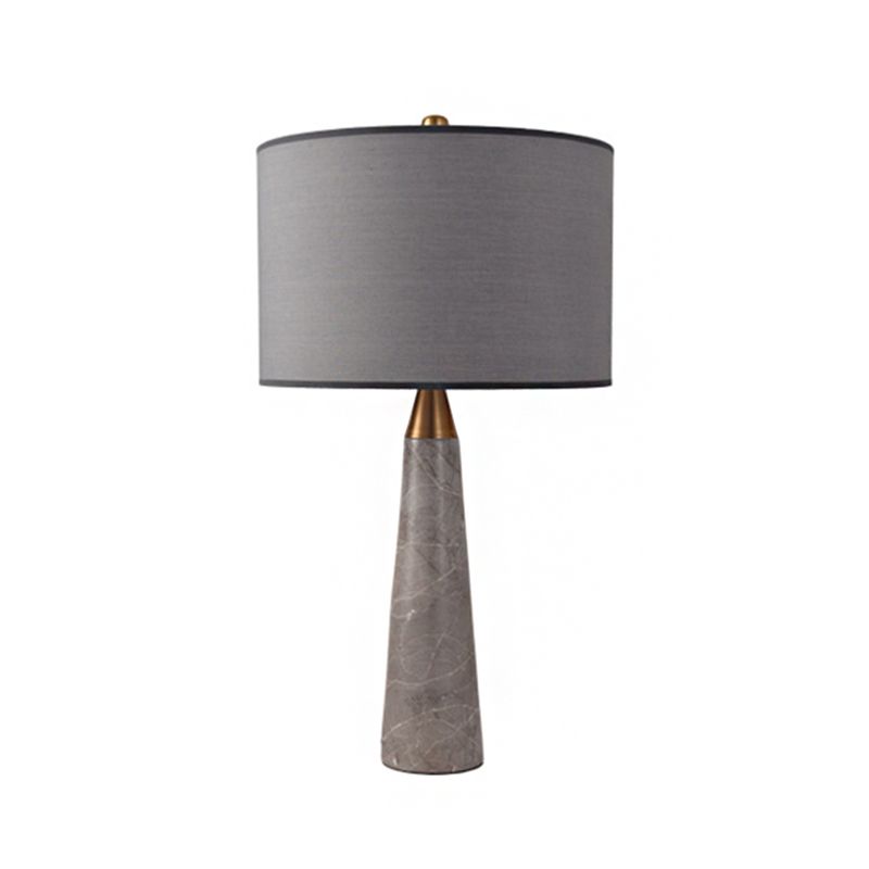 Fabric Cylinder Table Lamp Nordic Single-Bulb Nightstand Light with Conical Marble Base in Grey/White