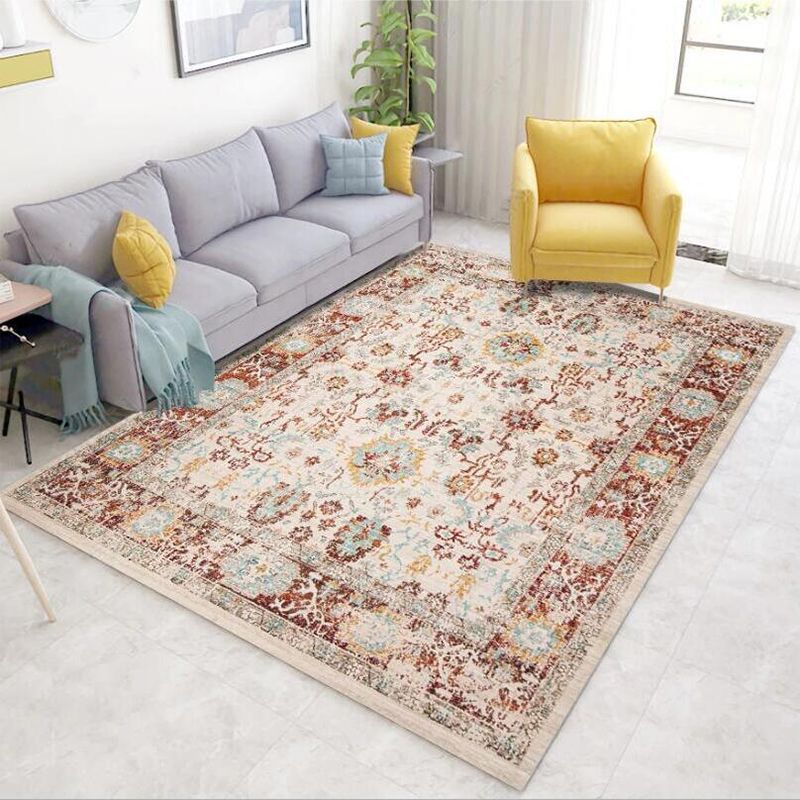 Whitewash Floral Rug Light Red Shabby Chic Rug Polyester Washable Non-Slip Backing Area Rug for Living Room