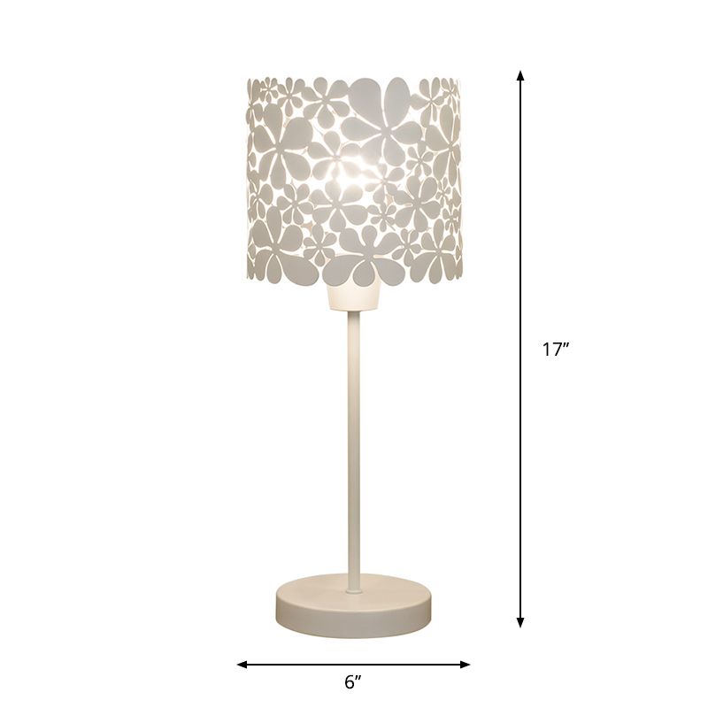 Cylinder Iron Table Lamp Modernism 1 Light White Nightstand Light with Flower Design