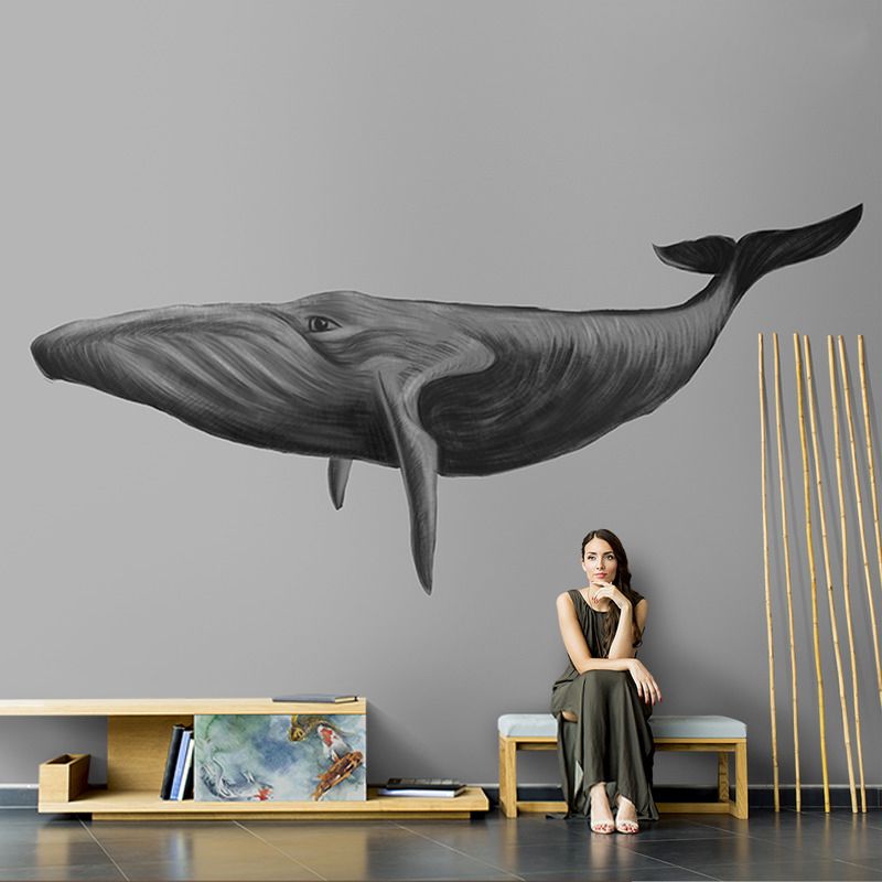 Big Photo Style Modern Mural for Living Room with Lively Whale in Grey