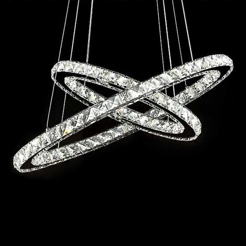 Stainless-Steel Silver LED Pendant Light in Modern Luxury Style Circular Ceiling Light with Crystal Shade