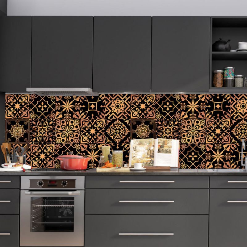 Retro Floral Peel off Wallpapers for Kitchen 10 Pcs 9.7-sq ft Wall Decor in Yellow on Black