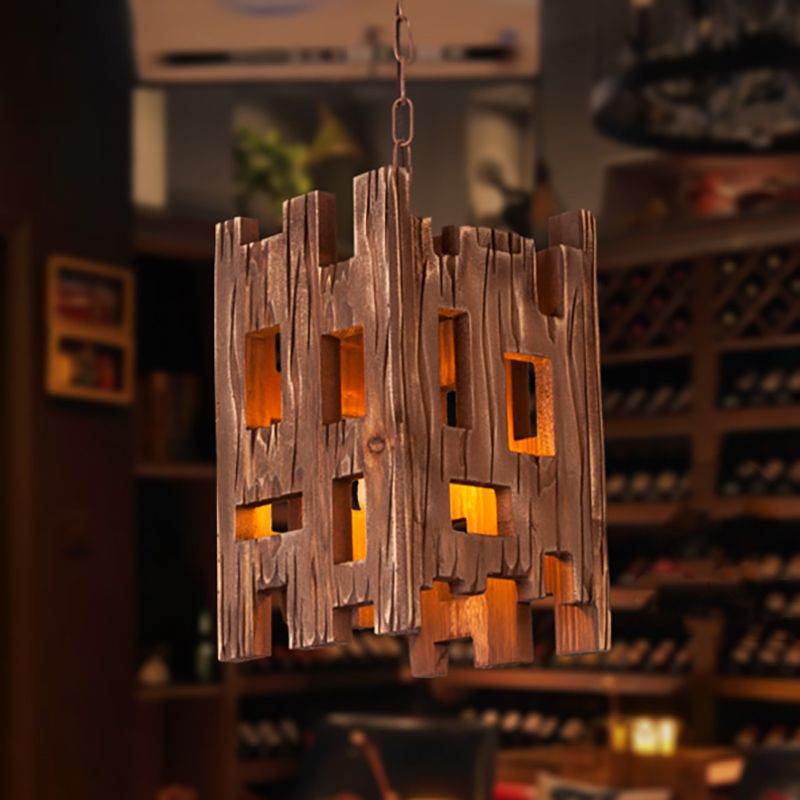 Wooden Rectangular Pendant Lamp Country Style 1 Bulb Brown Hanging Light Fixture with Adjustable Chain