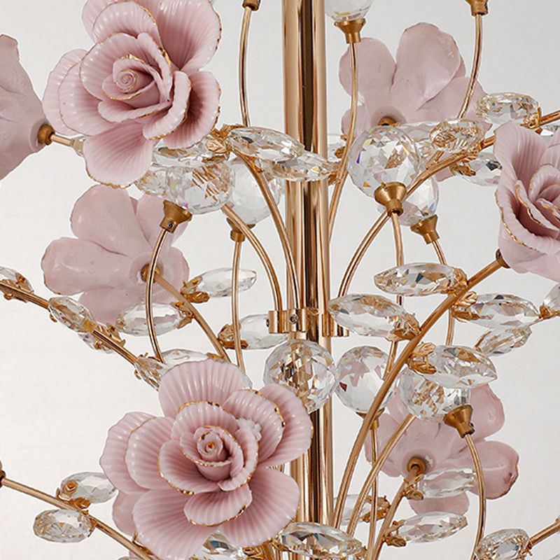 Luxury Crystal Chandelier Rural Ceramic Flower Living Room Hanging Light in Pink