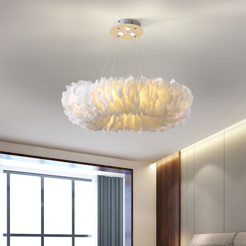 Loop Bedroom Ceiling Chandelier Fabric 3/6-Light Modernism Feather Suspended Pendant Lamp in White/Grey/Pink