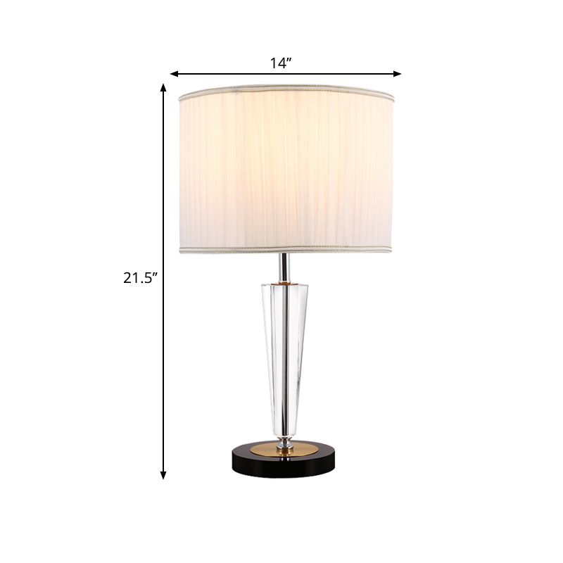 Round Salle Crystal Nightanstand lampe à tambour de tissu plissé traditionnel 1 tête de tête de table blanche Lumière