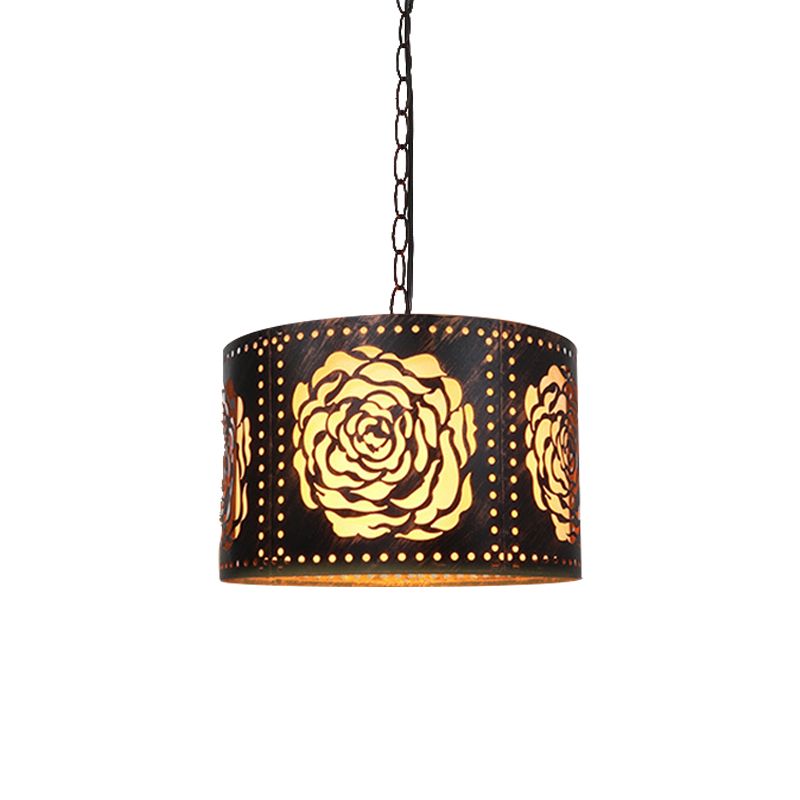 Antiqued Bronze 1-Light Drop Pendant Rustic Metal Cutouts Rose/Scrollwork Drum Shape Hanging Ceiling Light