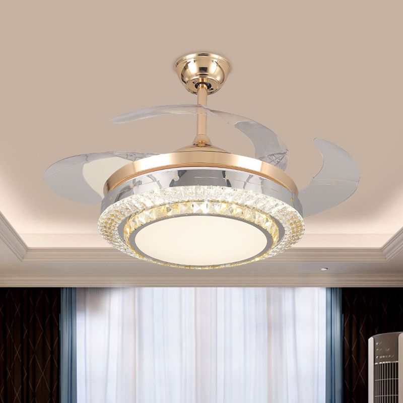 3-Blade Round Semi Flush Mount Minimalist Crystal Block 19" Width LED Gold Ceiling Fan Light