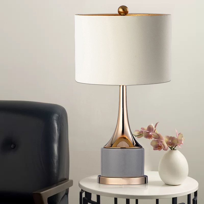 Trumpet Flared Nightstand Light Nordic Marble Single Antiqued Gold Table Lamp with Fabric Shade