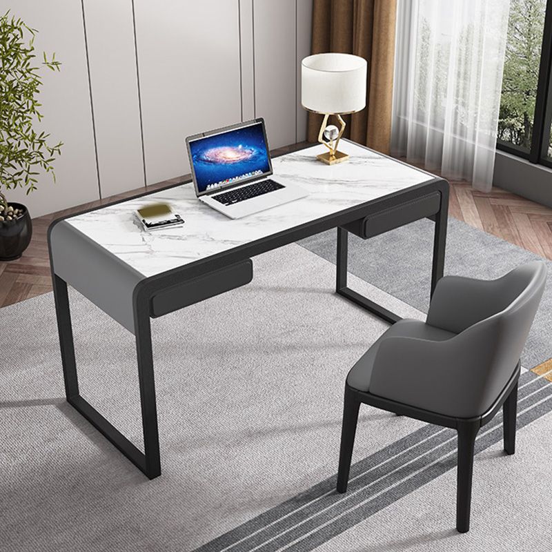 Modern Stone Office Desk Rectangle Task Desk with 2 Drawers for Home