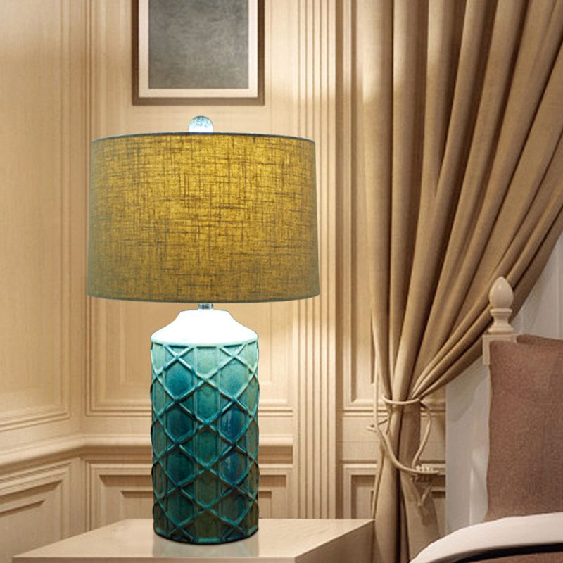 Ceramic Blue Night Light Lattice Cylinder 1 Light Rustic Nightstand Lighting with Round Fabric Shade