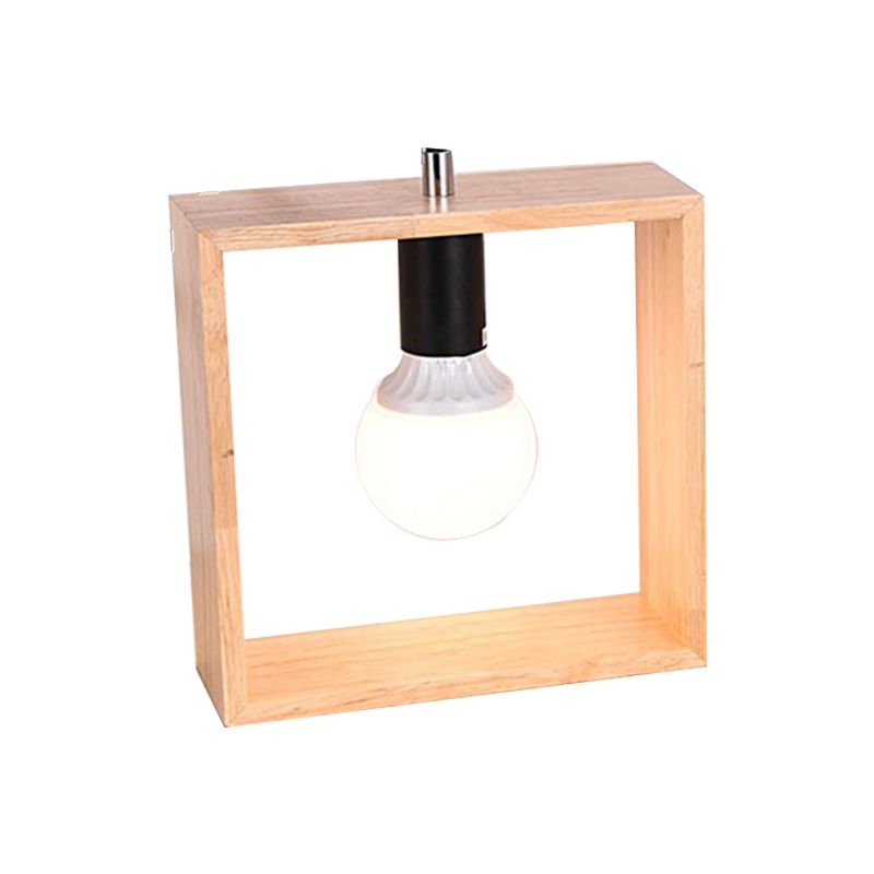 Simple Bare Bulb Design Table Light Wood 1 Bulb Bedside Nightstand Lamp with Square Frame