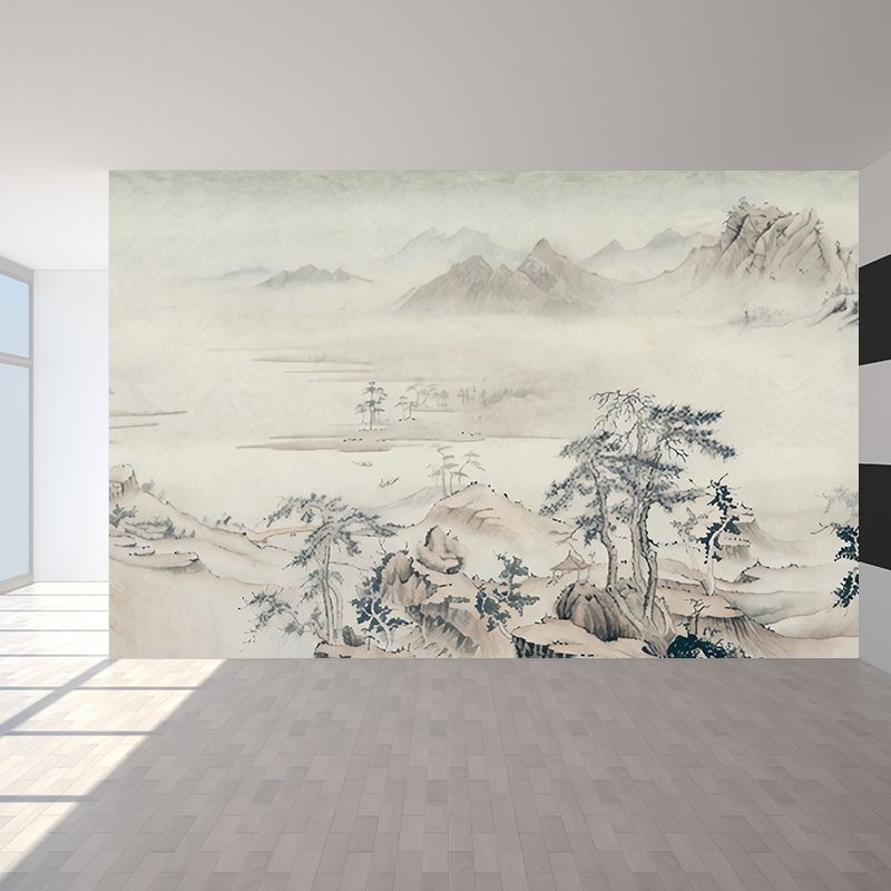 Asian Pine Tree Wall Murals for Home Decor Custom Wall Covering in Grey-Light Yellow