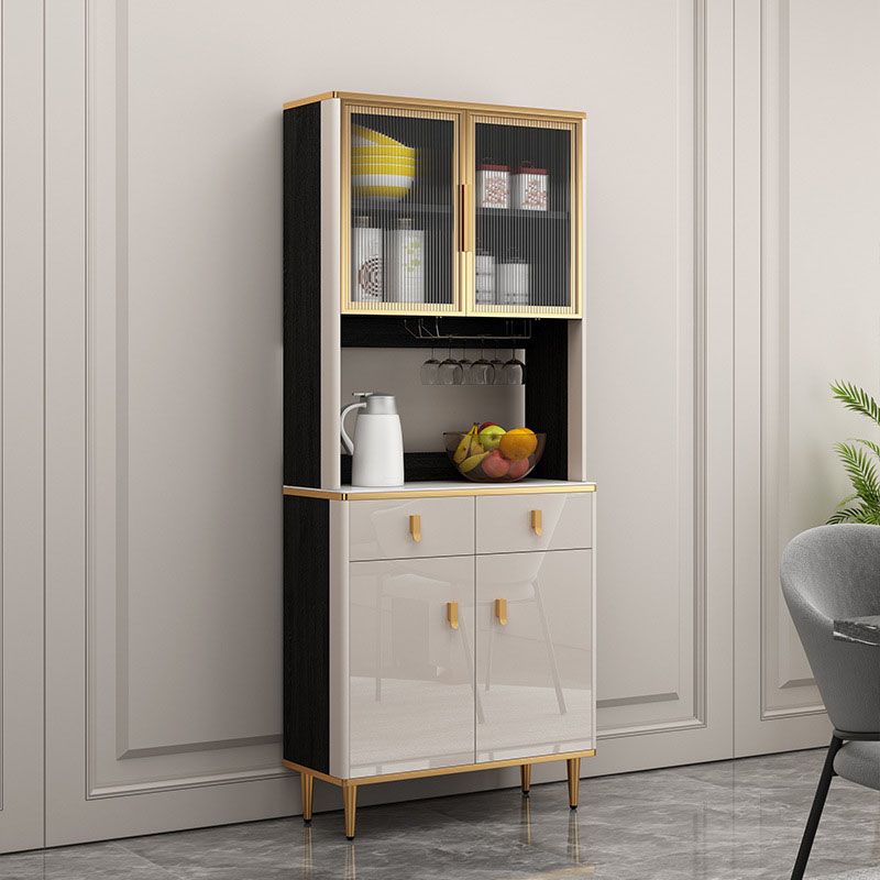 Contemporary Dining Hutch Glass Doors Faux Wood Storage Cabinet for Dining Room