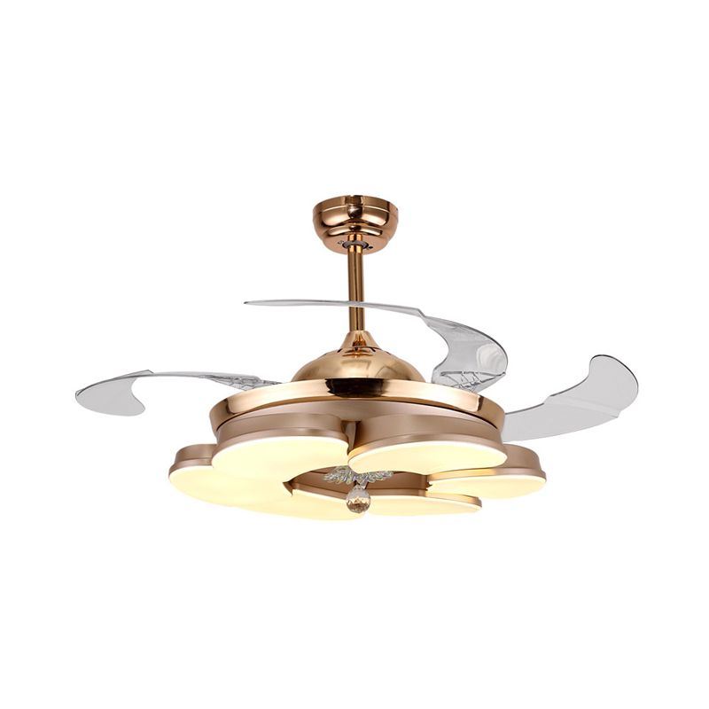 3/6 Leaf LED Ceiling Cooler Fan Modern Style Metal Rose Gold Semi Flush Mount Lamp with Crystal Drop, Frequency Conversion/Remote Control/Wall Control