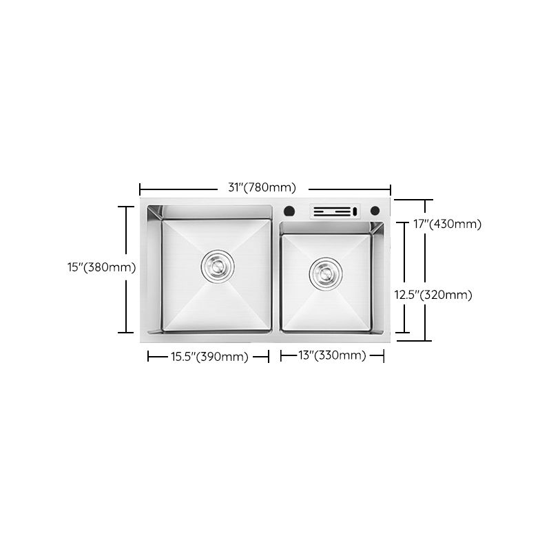 Contemporary Style Kitchen Sink Stainless Steel 2 Holes Kitchen Double Sink