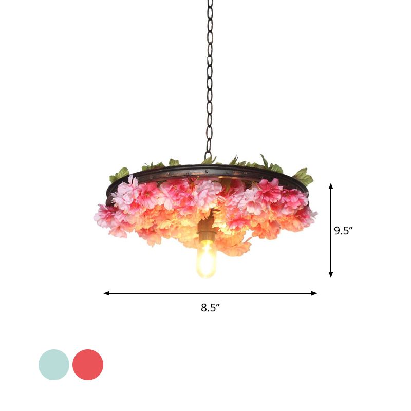 1 Head Iron Pendant Light Farmhouse Pink/Blue Flower Restaurant Hanging Lamp with Wagon Wheel Design, 8.5"/15"/19" Wide