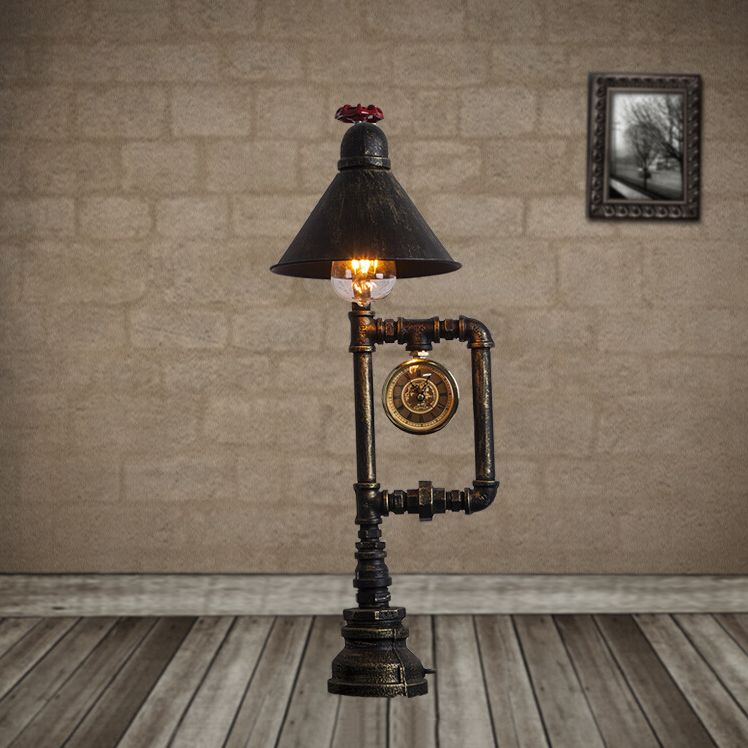 Conic Metal Shade Table Lamp Industrial Style 1 Light Bedroom Table Light with Red Valve and Clock Deco in Bronze