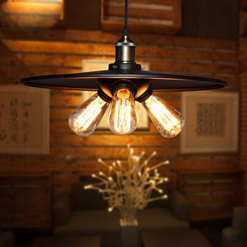 Finition noire 3 bulbes lustre éclairage métalle antique large éloigné pendant suspendu éclairage pour salle à manger