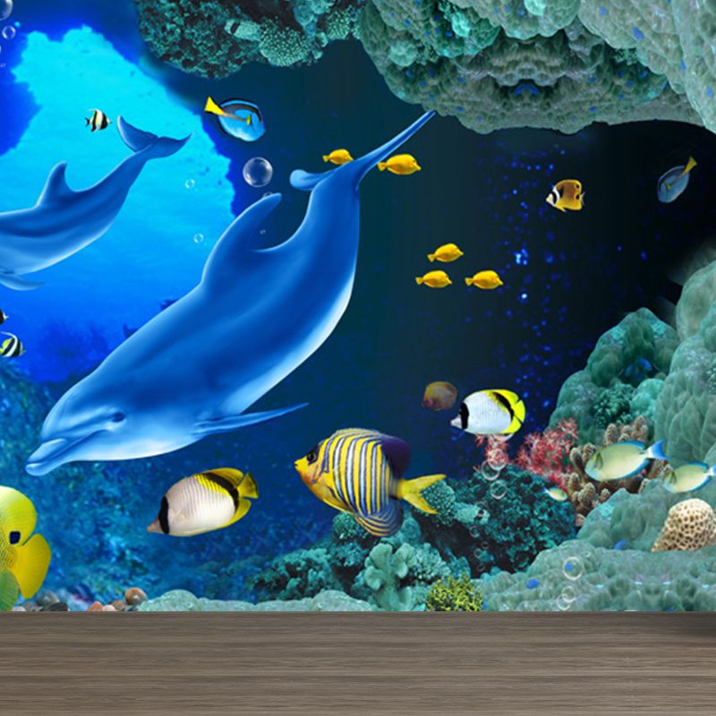 Underwater Scenery Mural Decal Dark Blue Kids Style Wall Covering for Children Room