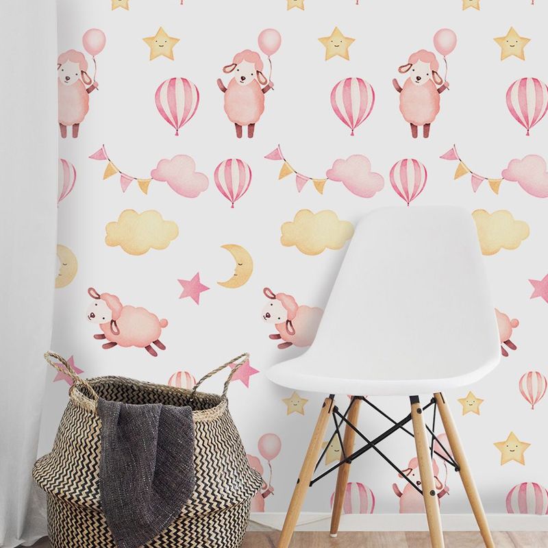 Pink Sheep Wallpaper Panel Set Animal Pattern Cartoon Peel off Wall Art for Baby Room