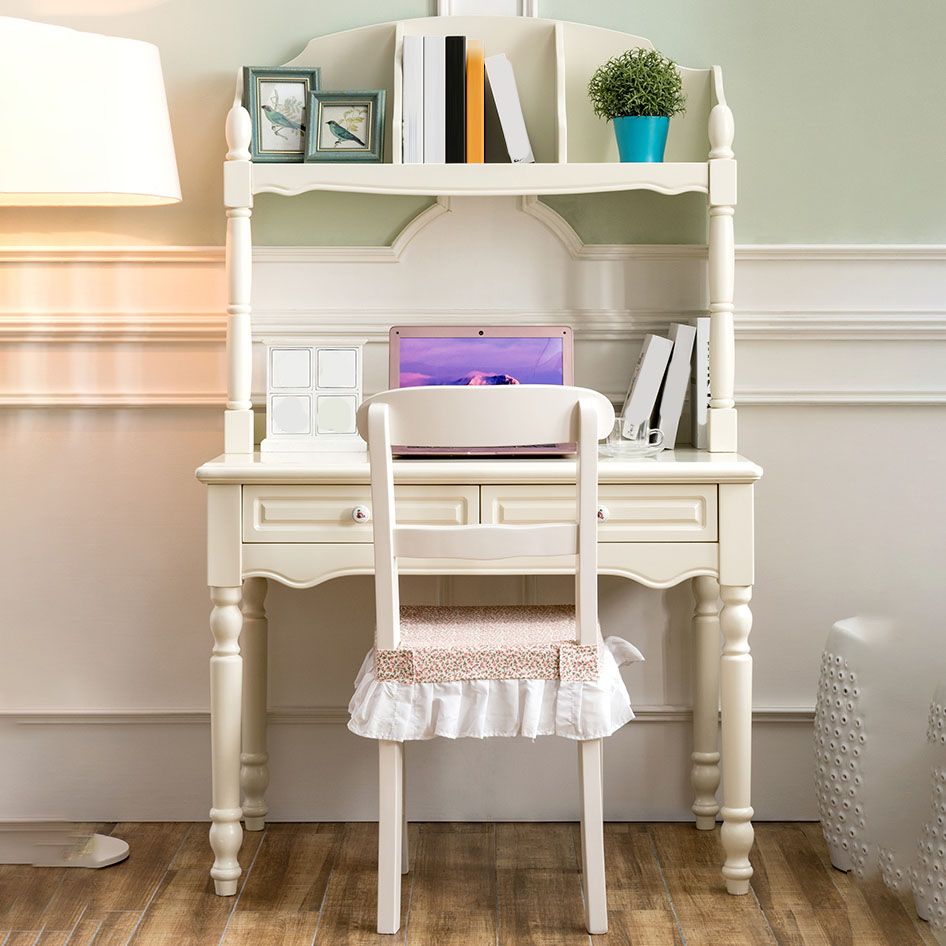 White Solid Wood Writing Desk with Storage Shelves and Storage Drawer