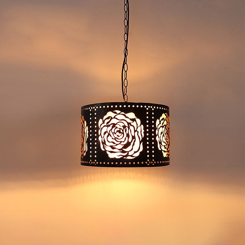 Verouderde bronzen 1-licht druppel hanger rustieke metaaluitsnijdouts Rose/Scrollwork Drum vorm hangend plafondlicht