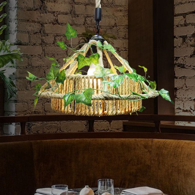 House Restaurant Ceiling Light Retro Metal 1 Head Yellow LED Drop Pendant with Plant Decor